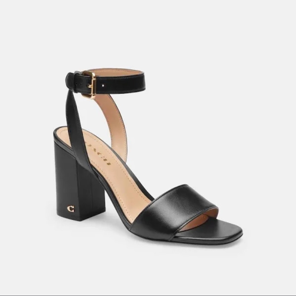 Coach Black Leather Block Heel Heels ( Shelby Leather Sandal)